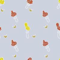 Cartoon style doodle seamless pattern of red and yellow mushrooms toadstools and grass vector