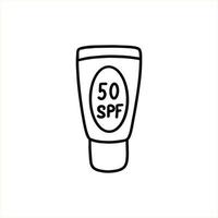 Sunscreen in a tube. Packaging of sunscreen. Suntan product with SPF. Vector illustration in doodle style