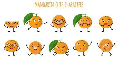 mandarina cítricos lindos personajes alegres divertidos con diferentes poses y emociones. vector