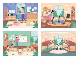 Kindergarten daily routine flat color vector illustration set