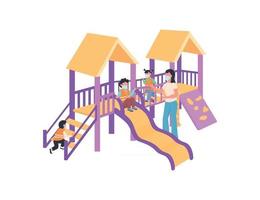 Children and babysitter in medical mask on playground flat color vector faceless characters