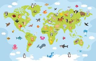 mapa del mundo con animales de dibujos animados vector