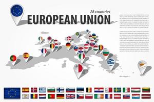 European union 28 countries and GPS navigator location pin with national flag on perspective europe continent map . And set of wavy style flag elements membership of EU . Vector .