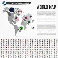 Perspective world map and GPS navigator location pin with all national country flag elements of the earth . Vector .