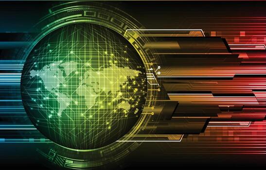 Tecnología futura de la placa de circuito binario mundial, fondo azul del concepto de seguridad cibernética de hud vector