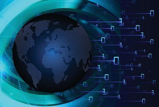 Tecnología futura de la placa de circuito binario mundial, fondo azul del concepto de seguridad cibernética de hud vector