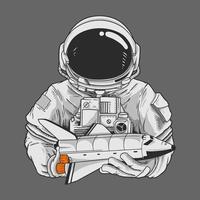 traje de hombre astronauta sosteniendo una nave para ir al espacio