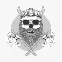 Ilustración boceto cráneo vikingo con dos hachas cruzadas, vector premium
