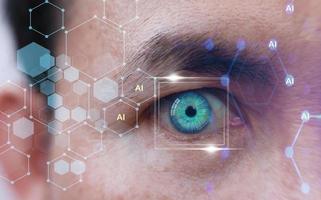 Human eye and high-tech concept, screening big data and digital transformation technology strategy, digitalization of business processes and data photo