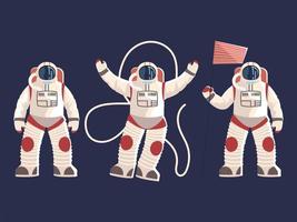 astronauts character in spacesuits helmet uniform with flag space vector