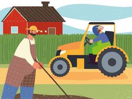 farm and agriculture farmer worker in tractor and planting vector