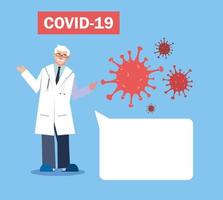 médico explica infografías cómo prevenir la propagación del covid 19 vector