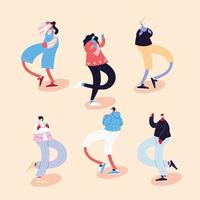 Conjunto de personas bailando diferentes poses con máscaras faciales. vector