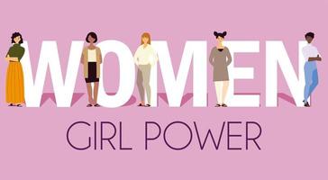 women girl power, female characters with lettering vector