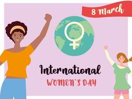 día de la mujer, mujeres jóvenes manos juntas género mundial vector