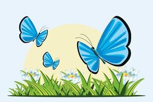 butterflies and flowers in the grass vector