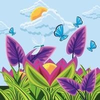 paisaje, mariposas y vegetación vector