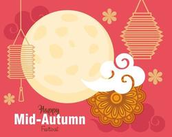 chinese mid autumn festival with full moon, clouds and decoration vector