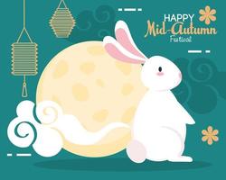 chinese mid autumn festival with full moon, rabbit, clouds and lanterns hanging vector