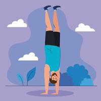man standing on the hands outdoor, sport recreation exercise vector
