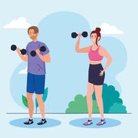 couple doing exercises with dumbbells outdoor, sport recreation exercise vector