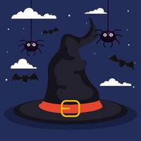 happy halloween banner with hat witch, bats flying and spiders vector