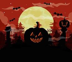 happy halloween background with pumpkins, bats flying and full moon vector