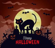 feliz halloween fondo con gato, calabazas, murciélagos volando y luna llena vector