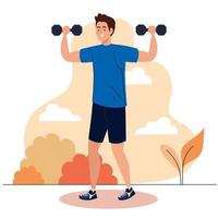 man doing exercises with dumbbells outdoor, sport recreation concept vector