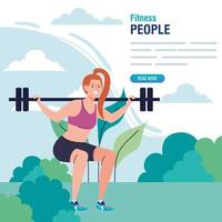 banner, woman doing squats with weight bar outdoor, sport recreation exercise vector