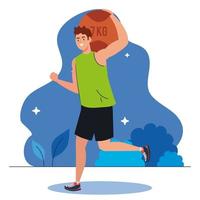 Hombre practicando ejercicio con pelota de siete kilogramos al aire libre, ejercicio recreativo deporte vector