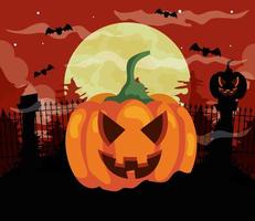 happy halloween background with pumpkins, bats flying and full moon vector