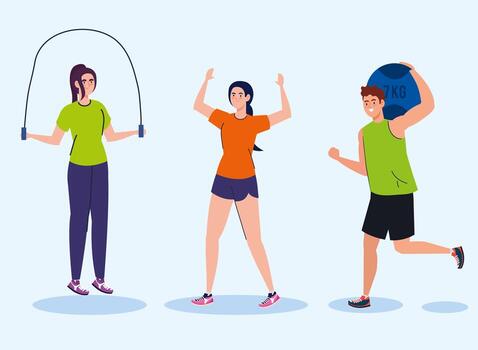 Hombre practicando ejercicio con pelota de siete kilogramos, ejercicio recreativo deporte vector