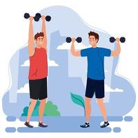 men doing exercises with dumbbells outdoor, sport recreation concept vector