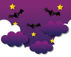 happy halloween banner, with bats flying in sky in paper cut style vector