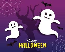 happy halloween banner, with ghosts, spiderwebs and bats flying in paper cut style vector