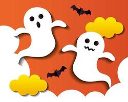 happy halloween banner, with ghosts and bats flying in paper cut style vector