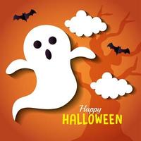 happy halloween banner, with ghost, clouds and bats flying in paper cut style vector