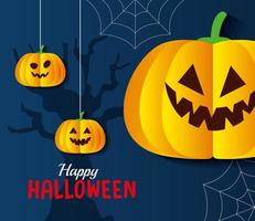 banner de feliz halloween, con calabazas colgando, telas de araña y árbol seco en estilo de corte de papel vector