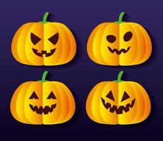 set of halloween pumpkins in paper cut style vector