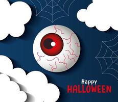banner de feliz halloween, con globo ocular aterrador, nube y telaraña en estilo de corte de papel vector