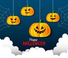 banner de feliz halloween, con calabazas colgando y nubes en estilo de corte de papel vector