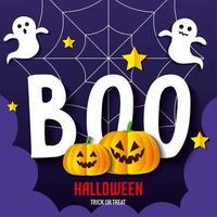 happy halloween banner, with pumpkins, ghosts, stars and spider web in paper cut style vector