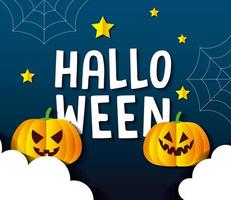 banner de feliz halloween, con calabazas, estrellas, telas de araña y nubes en estilo de corte de papel vector