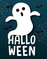 happy halloween banner, with ghost, spiderwebs and bats flying in paper cut style vector