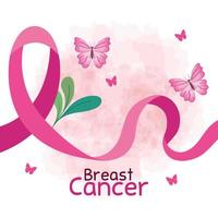 pink ribbon, symbol of world breast cancer awareness month in october with butterflies decoration vector