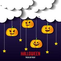 happy halloween banner, with pumpkins and stars hanging in paper cut style vector