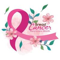 cinta rosa, símbolo del mes mundial de concientización sobre el cáncer de mama con decoración de flores y hojas vector