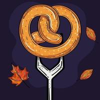 Pretzel apetitoso en tenedor, con decoración de hojas de otoño vector