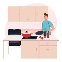 Hombre cocinando en la escena de la cocina, con suministros y verduras. vector